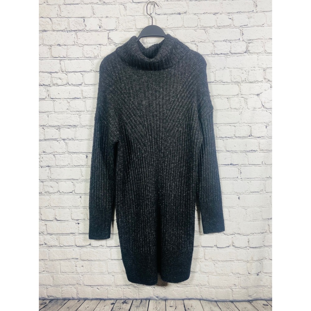 Tahari Sweater Dress Womens S Turtleneck Ribbed Knit Charcoal Gray Metallic Mini